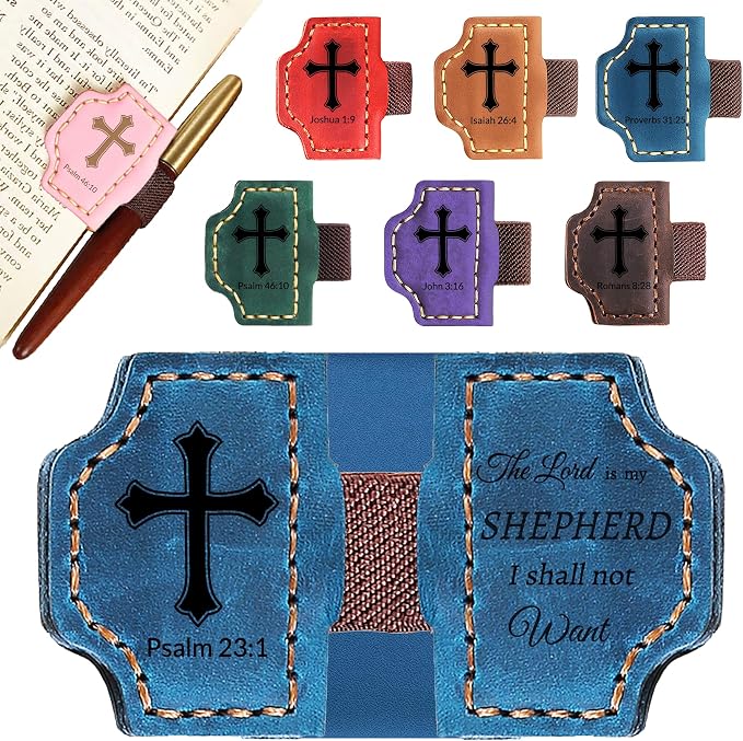Personalized Leather Bookmark with Pen Holder - Magnetic Bible Verse Design, Christian Book Lovers Reading Accessory, for Book Lovers Men Women (Blue, Psalm 23:1)