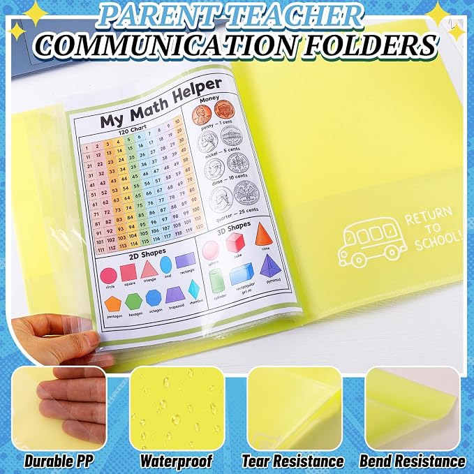 12 Pcs Take Home Folders for Elementary Students,Back to School 2 Pocket Folders with Clear Front Pocket 4 Inner Pockets,Plastic Parent Teacher Communication Folder 11.81 x 9.45 Inch (Yellow)