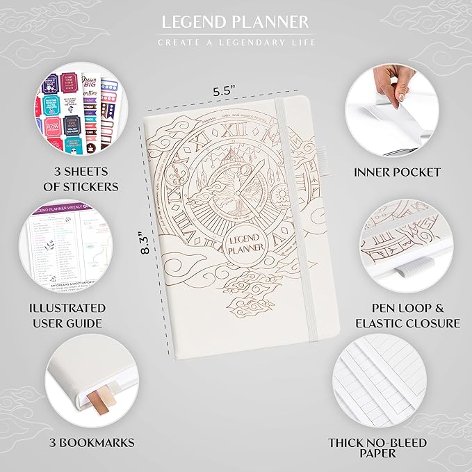 Legend Planner – Undated Weekly & Monthly Life Planner to Hit Your Goals & Live Happier, Organizer Notebook & Productivity Journal, A5 (White, Gold)