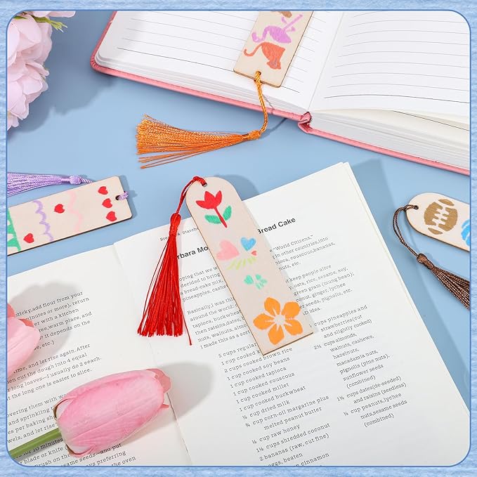 126PCS Bookmark Making Kit, 60 PCS Unfinished Wood Bookmarks with 60 PCS Colorful Tassels 5 Templates Craft and 1 Rope for DIY Crafts, Painting, Father's Day Gift, Birthday Party