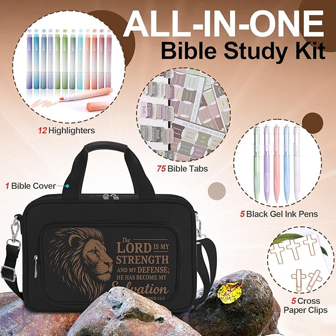 Lion Large Bible Cover Case for Men,Bible Bag for Boys,Bible Carrier,Bible Holder Organizer,The Lord is My Strength,Bible Study Supplies Journaling Kit With Highlighter,Tabs,Pen,Christian Gift