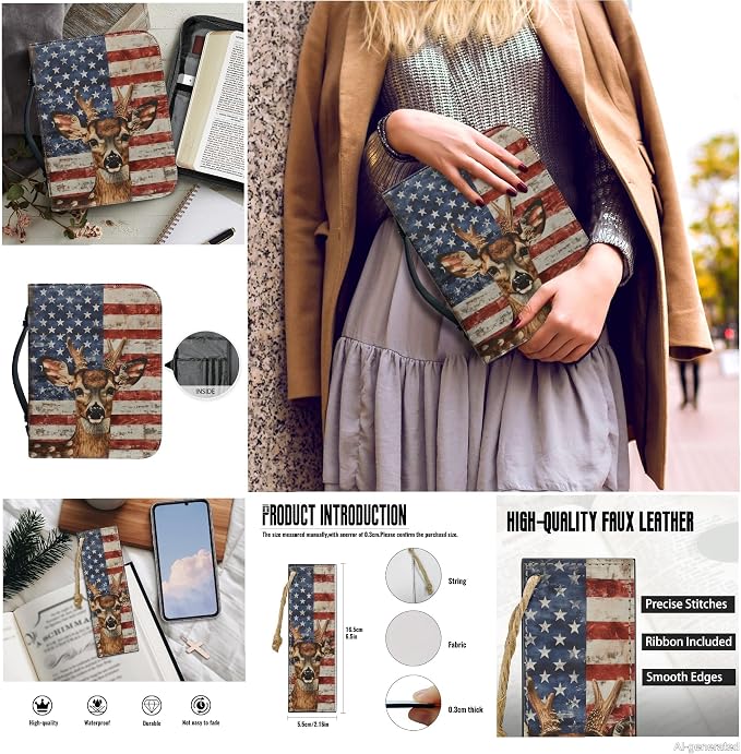 Lotusorchid Bible Cover Leather Bible Case for Women, American Flag Deer Bible Carrying Case with 2 Book Marks, Bible Cover Case for Women, Blue and Red, Size L