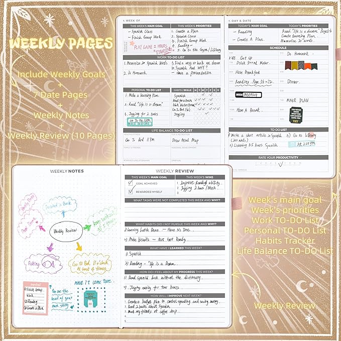 Undated Academic Planner Hardcover (5.5x8.5") - Flexible Weekly & Monthly Organizer with Stickers, Productivity Journal for Students & Professionals(Rose Gold)