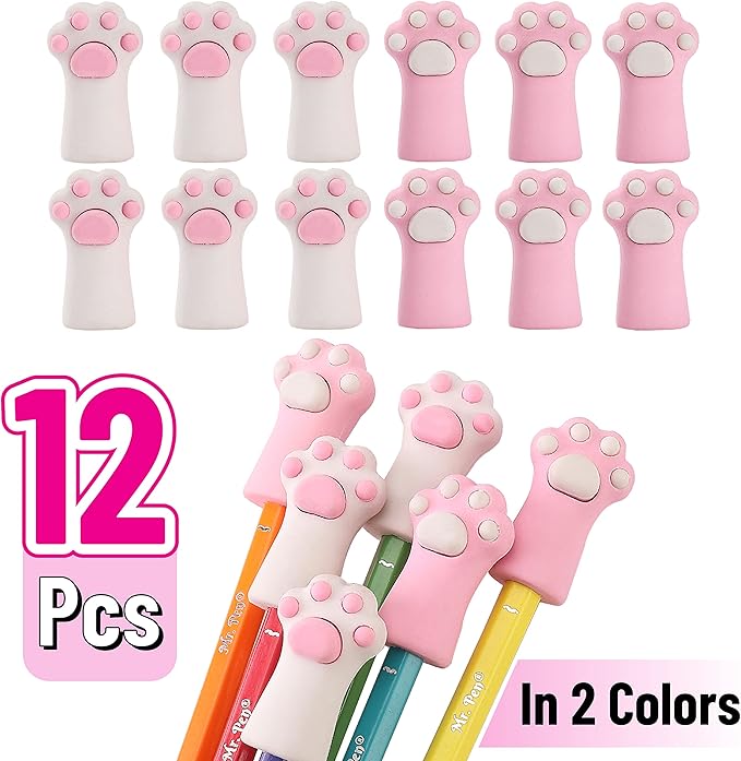 Mr. Pen- Cat Paw Top Eraser, 12 Pack, Cute Erasers for Kids, Pencil Erasers Toppers, Fun Eraser