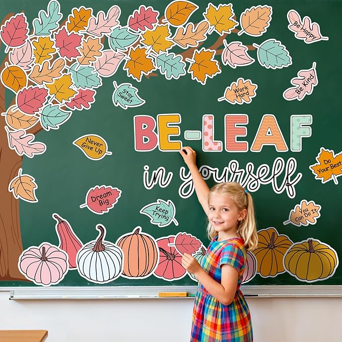 JarThenaAMCS 73Pcs Fall Tree Bulletin Board Decoration Motivational Boho Maple Leaf Pumpkin Cutouts for Autumn Thanksgiving Classroom Wall Chalkboard Decor