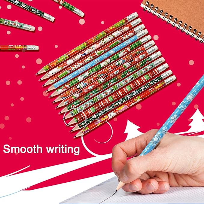 48Pcs Christmas Pencils for Kids, Christmas Wooden Holiday Pencils with Erasers, Santa, Snowman, Reindeer Designs for Classroom Party Favors, Stocking Stuffers, Xmas Gift Supplies, School Supplies