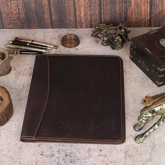 Heavy Duty Buffalo Leather Legal Pad Portfolio Handmade Executive Notebook Binder, Professional Padfolio Organizer Gift for Men and Women Genuine Leather Resume Document Holder (Dark Brown)