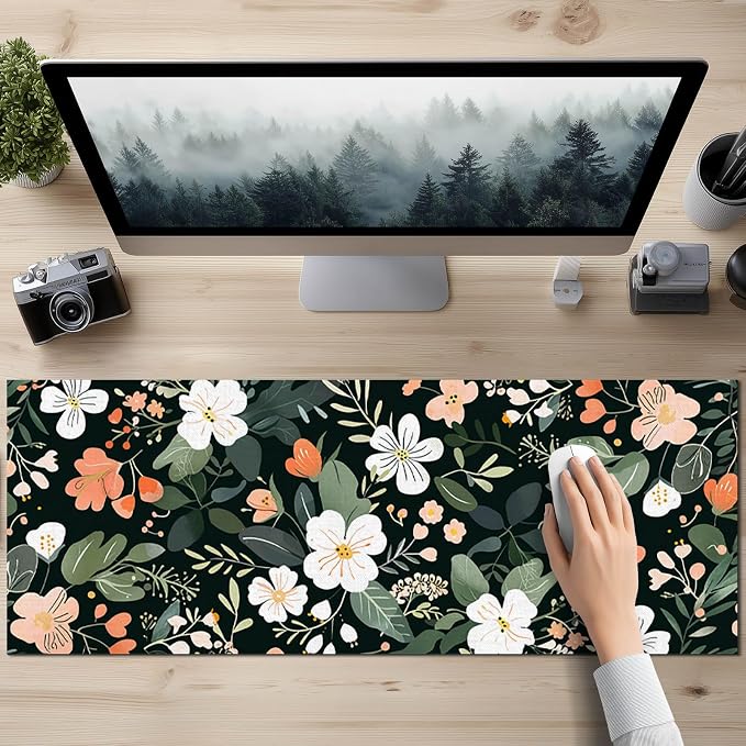 HOMETITUTE Large Floral Mouse Pad 31.5 x 11.8 in Extended Desk Mat Non Slip Waterproof Keyboard Mousepad with Botanical Blossom Design for Office Home Gaming