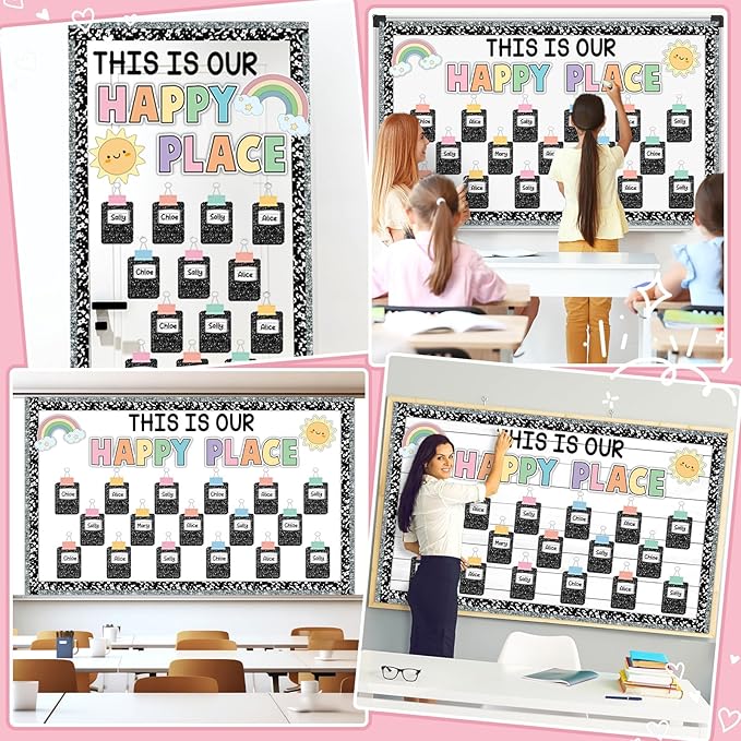 Composition Bulletin Board Decorations Set Welcome Back to School Classroom Decoration This is Our Happy Place Bulletin Board Rainbow Paper Cutouts for School Classroom Chalkboard Wall Decor Supplies