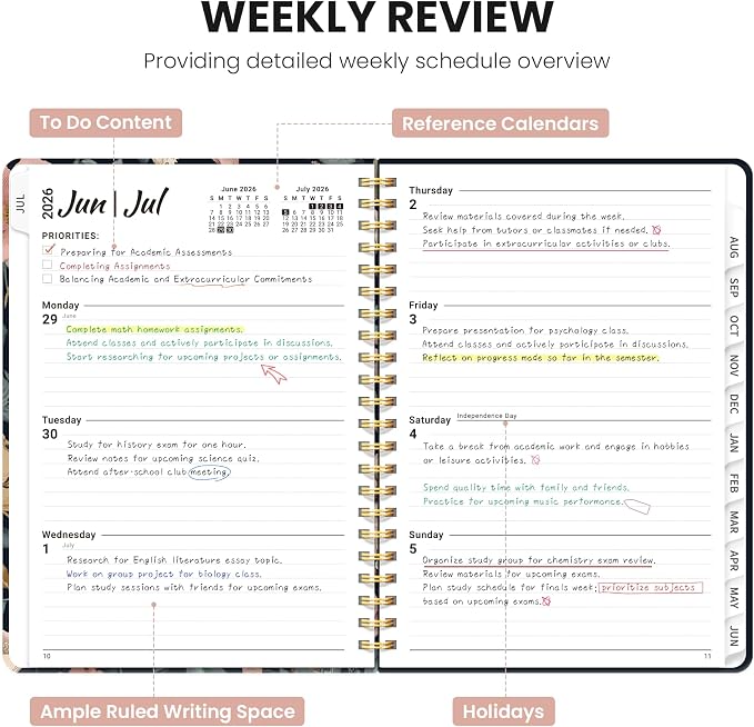 Planner 2026–2027, Academic Planner Weekly and Monthly Calendar Jul 2026 – Jun 2027 Hardcover Planner with Tabs and Pocket, Spiral Bound Agenda Book for Student & Teacher, 8.5" x 11", Evening Petals