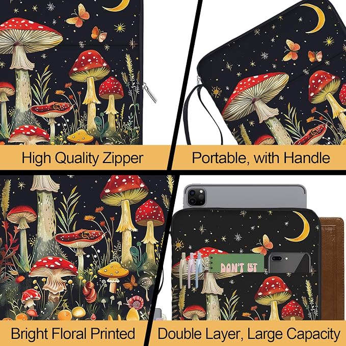 Book Sleeve Book Protector Case, PU Leather Waterproof Kindle Pouch, Cute Book Pouch with Zipper, 12.6"x 9.4" Mushroom Print Portable Book Cover Bag for Book Lovers Gifts Paperbacks Hardcover