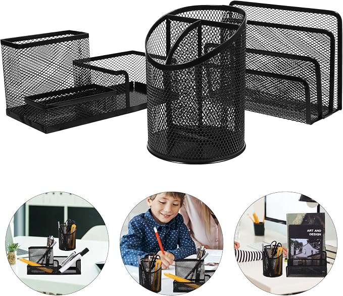 3Pcs Mesh Desk Organizer Pen Holder Set with Multi-Compartment Storage, Black Metal Office Supply Organizers for Student and Office Desk Use