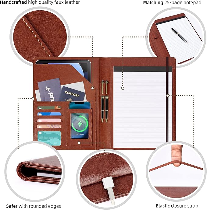 Brown Leather Portfolio Organizer Clipboard Storage Folio Padfolio for Men Notepad Notebooks for Work