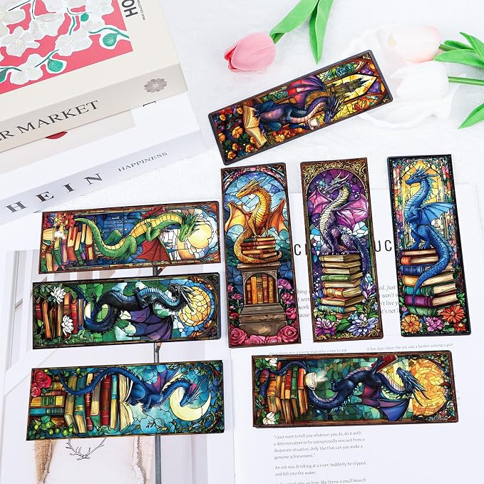 Wxiben Stained Glass Dragon Bookmarks - 100 Pcs Fantastic Bookmark Dragon with Wing Book Marks Cool Animal Book Markers Page Clip GIFS for Men Teens Students Teacher Romantasy Reader Bookish Bookworm