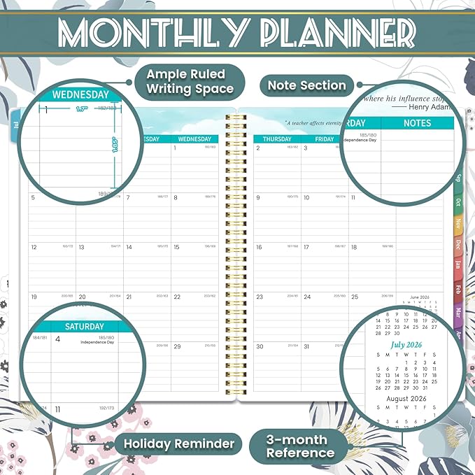 Teacher Planner 2026-2027 - 2026-2027 Weekly & Monthly Lesson Plan Book with Colorful Tabs, July 2026 - June 2027, 8.3" x 11", Academic Planner 2026-2027 with Twin-Wire Binding and Quotes for Teachers - Petunia