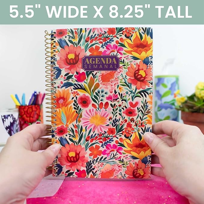 bloom daily planners UNDATED Spanish Calendar Year Day Planner - Passion/Goal Organizer - Start Anytime Monthly & Weekly Agenda Book with Tabs (January to December) - 5.5" x 8.25" - Cheerful Garden