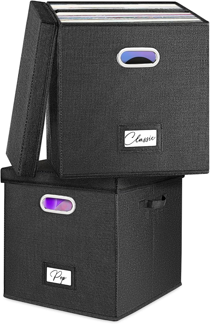 Vinyl Record Storage Box Set of 2 - for 100+ Single LPs (12-Inch), Stackable Albums Linen Crate with Lid, Play Music Collection Holder, Document File Folder Cabinet Organizer Case with Handle
