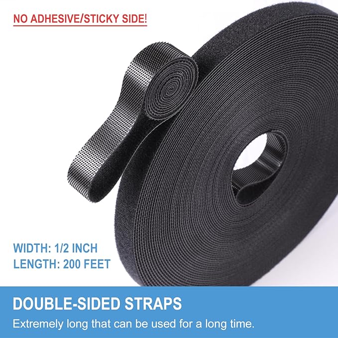 1/2in x 200ft Hook and Loop Roll | Double-Sided Strips, Self-Gripping Straps | Reusable Multi-Purpose Wrap Fasteners for Home, Office, Data Center, and More (100ft x 2 Rolls)