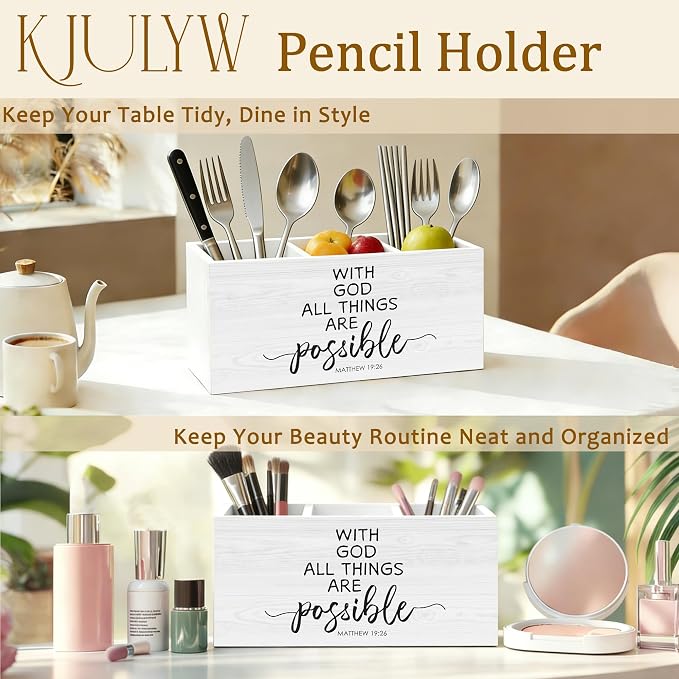 Christian Inspirational Pen Holder for Desk, with God All Things Are Possible Religious Bible Verse Wooden Box Pencil Pen Holder Organizer for Home Office Desk Accessories