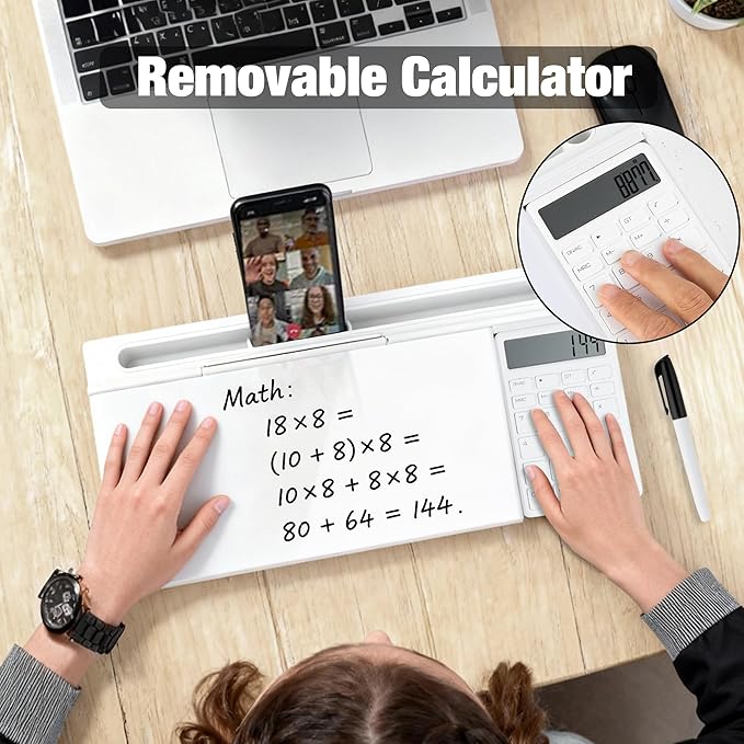 Glass Desktop Whiteboard with Storage & Calculator, Desk Dry Erase Note Memo Board, Compact Desk Organizer for Desk, Home, Study, Office, Back to School Supplies, White