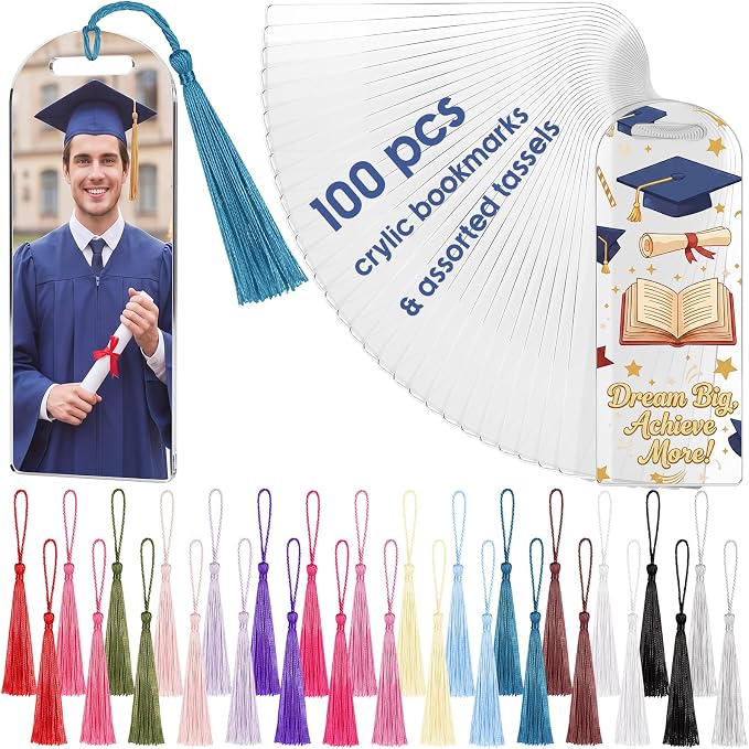 Fumete 100 Pcs Sublimation Blank Bookmark Heat Transfer Acrylic DIY Bookmark with Hole and Colorful Tassels for Crafts, Birthday Wedding, Sublimation Blank Keychains, Single Sided Printing