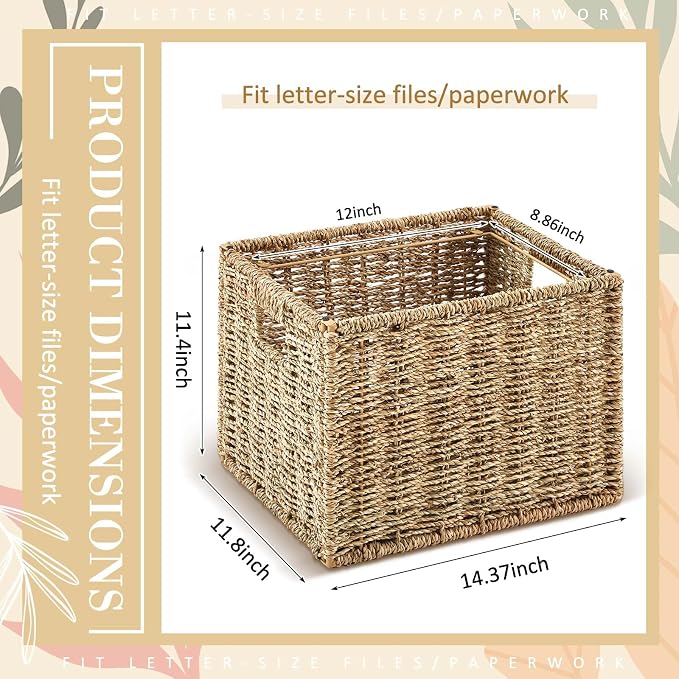 Jingmore Hanging File Box, Seagrass Collapsible Woven File Organizer for Letter Size Files, Portable Decorative Storage Basket with Handles for Home Office Decor