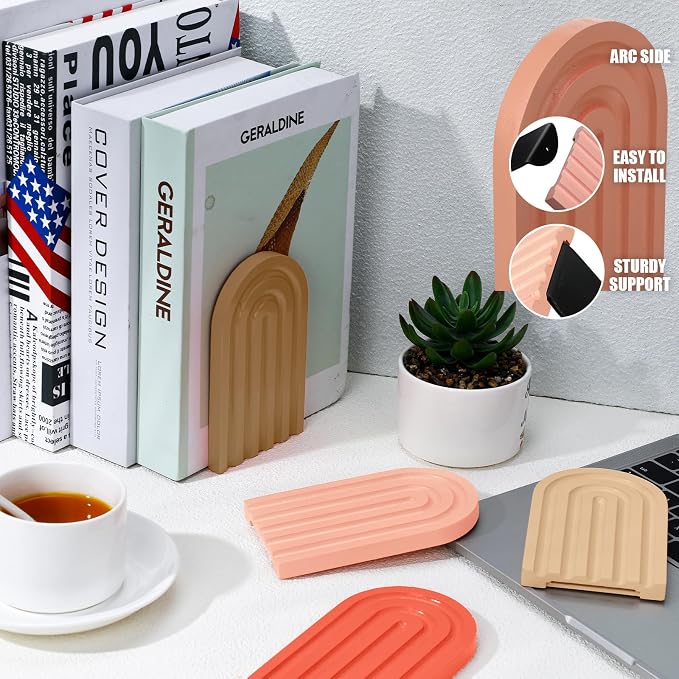 Harloon 4 Pcs Boho Arch Wooden Bookends, Decorative Rainbow Book Stoppers with Non-Slip Metal Base, 5x3x4 Inches, Cute Shelf Decor for Heavy Books, Home Office Study Desk Organizer(Cute Color)