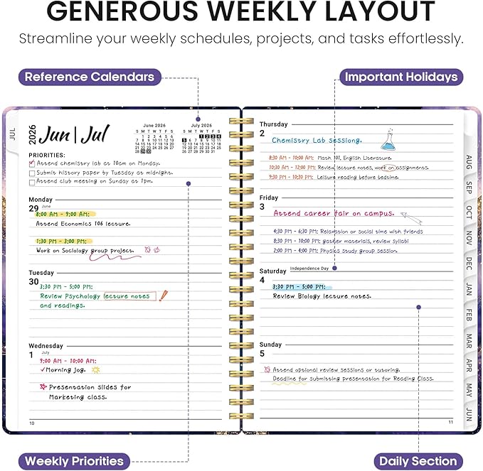Planner 2026-2027, Academic Year Weekly and Monthly Calender Planner, from Jul 2026 - Jun 2027, Spiral Bound School Planning Book, Perfect for Teacher, Student, Women & Men, A5 (6.3" x 8.5"), Cosmic Amethyst