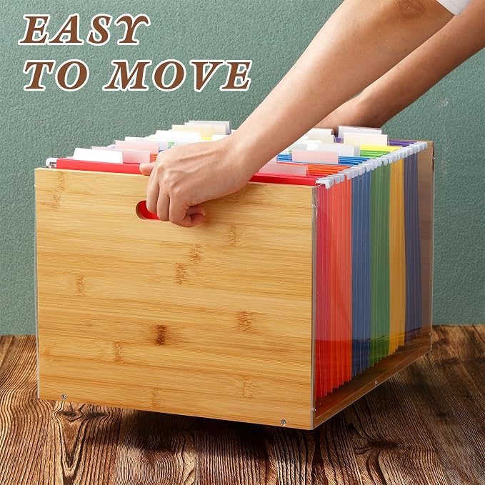 Chiisong Clear Acrylic File Box Hanging File Organizer with 30 Pcs Hanging File Folders Bamboo Hanging Folder Storage Filing Crate Bin Holder with Handle for Home Office Desk Letter Size
