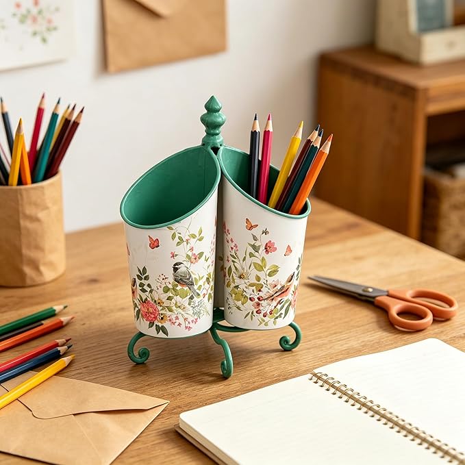 360° Rotating Metal Pen Holder for Desk, Cute Floral Bird Desktop Organizer with Dome Roof, Pencil Cup & Remote Control Holder for Home Office (Green)
