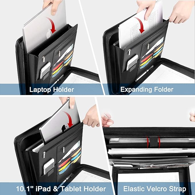 Zippered Leather Padfolio Organizer, Multifunctional Business Portfolio Folder with Zipper, Card Holders Pockets, Notepad Executive File Document Binder for Women Men (Black)