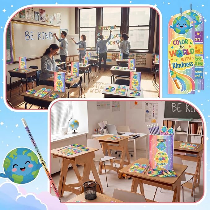 Resurhang 200 Pcs Color the World with Kindness Assorted Items Bulk 50 Set Kindness Week Plastic Goody Bag Bookmark Pencil Be Kind Bracelets Accessories for Anti Bullying Month Party Favor