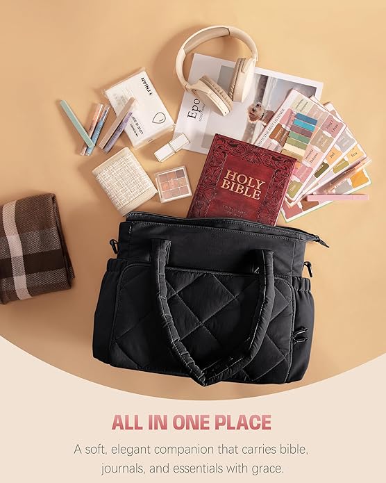 Marscamd Puffer Bible Bag with Crossbody Strap and Water Bottle Pockets, Quilted Bible Tote Church Bag for Women