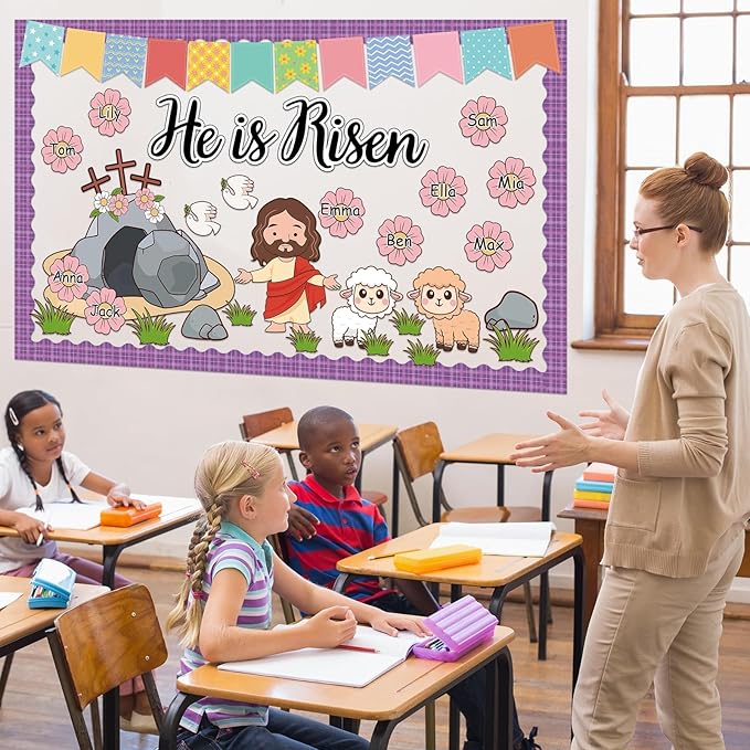 Easter Bulletin Board Set He is Risen Spring Easter Classroom Decorations Christian Jesus Cross Cutouts Flower Name Tags Purple Plaid Bulletin Board Borders for Church Sunday School Wall Door Decor