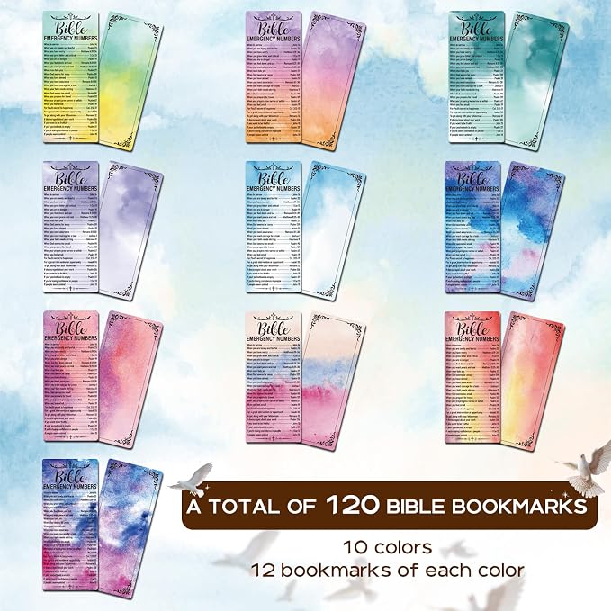 120 Pcs Colorful Bible Emergency Numbers Bookmark Christian Bookmarks Bible Verse Bookmarks for Church Welcome Gifts Sunday School Prayer Reading Rewards 2.3 x 5.3inch