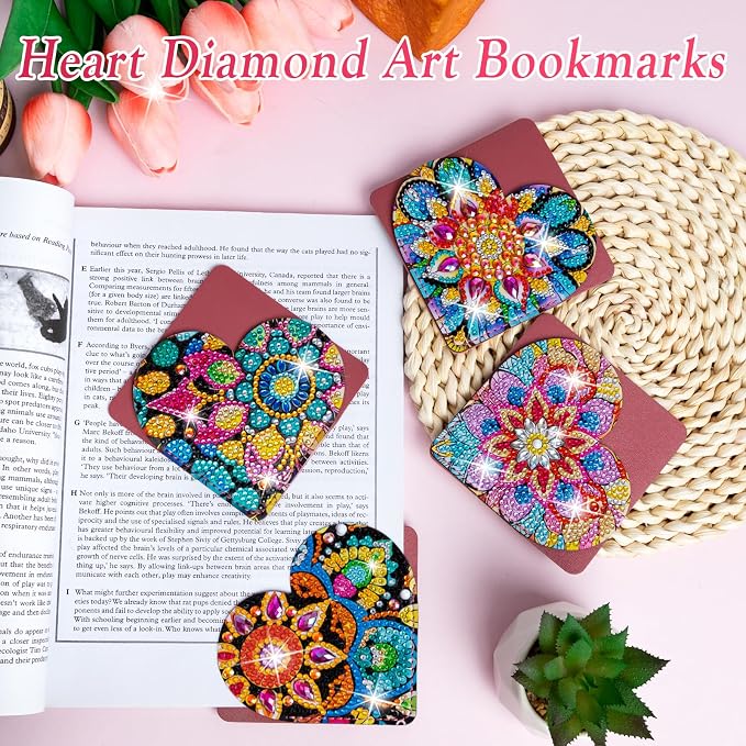 WIVICO 4 pcs Diamond Painting Bookmarks, DIY Diamond Art Kits for Adults, Book Corner - Protecting Bookmark Craft Supplies Kits for Book Lovers(Heart)