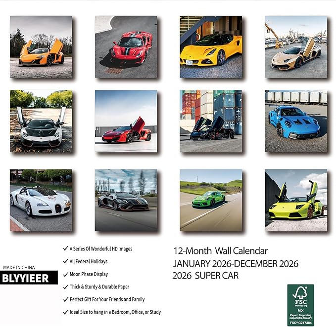 2026 Wall Calendar Supercar, 14 Months Hangable Wall Calendars, 12" x 24" (Open), Thick Glossy Paper, Organizing & Planning
