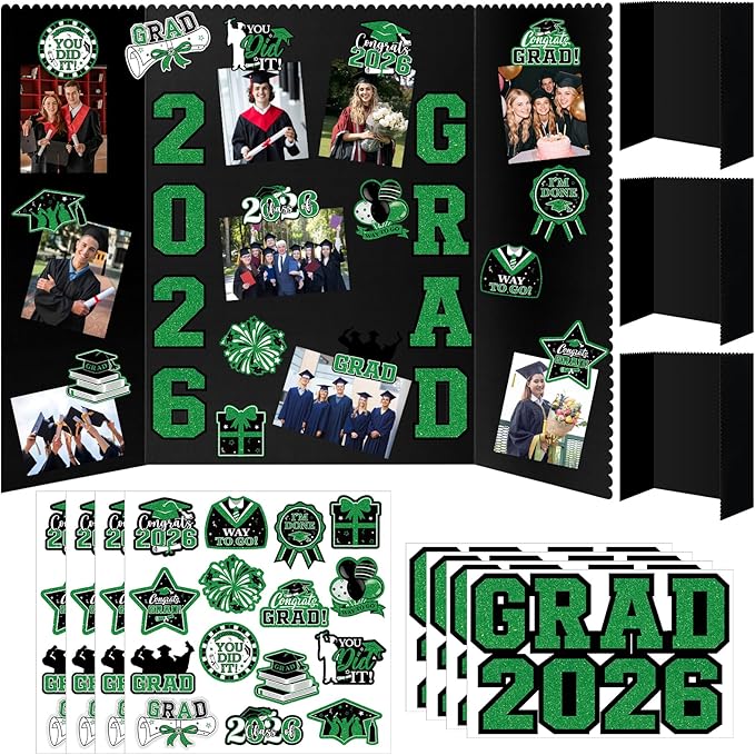 4 Set Graduation Photo Display Board, Class of 2026 Black Green Trifold Poster Board with Grad Pattern Stickers, Graduation Photo Props Collage for Multiple Pictures Party Decorations, 16x24 Inch