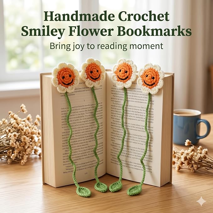 4 Pack Sunflower Crochet Bookmarks,Handmade Knitted Sunflower Book Marker for Women Personalized Book Marks for Reading Men, Book Lover Teacher Kids Birthday Gift,Cute Unique Bookmarks