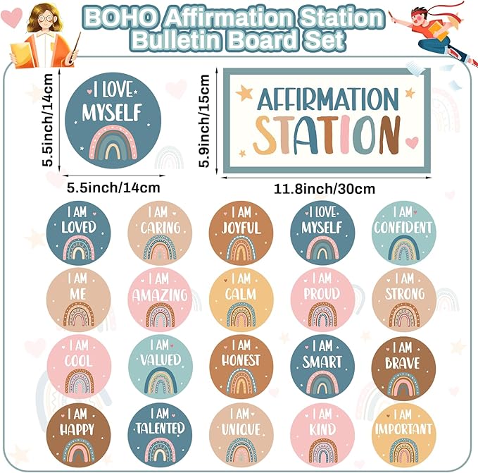 BOHO Affirmation Station Bulletin Board Set Rainbow Positive Bulletin Board for Classroom Mirror Growth Mindset Decoration Inspirational Motivational Accent Cutouts for Home School Teacher Wall Supply