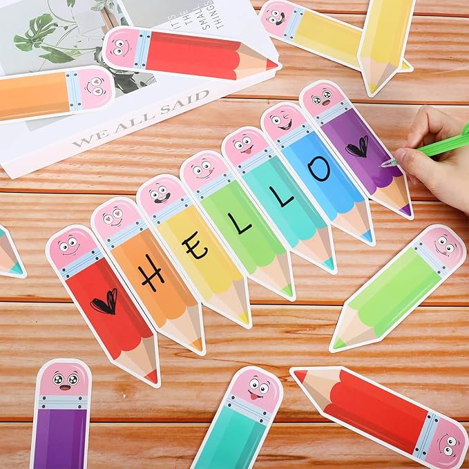 AnyDesign 49 Pcs Colorful Pencil Cut-Outs Back to School Cutouts Bulletin Board Decor with 100 Pcs Glue Points Pencil Name Tag Label for DIY Classroom Kindergarten First Day of School Decor