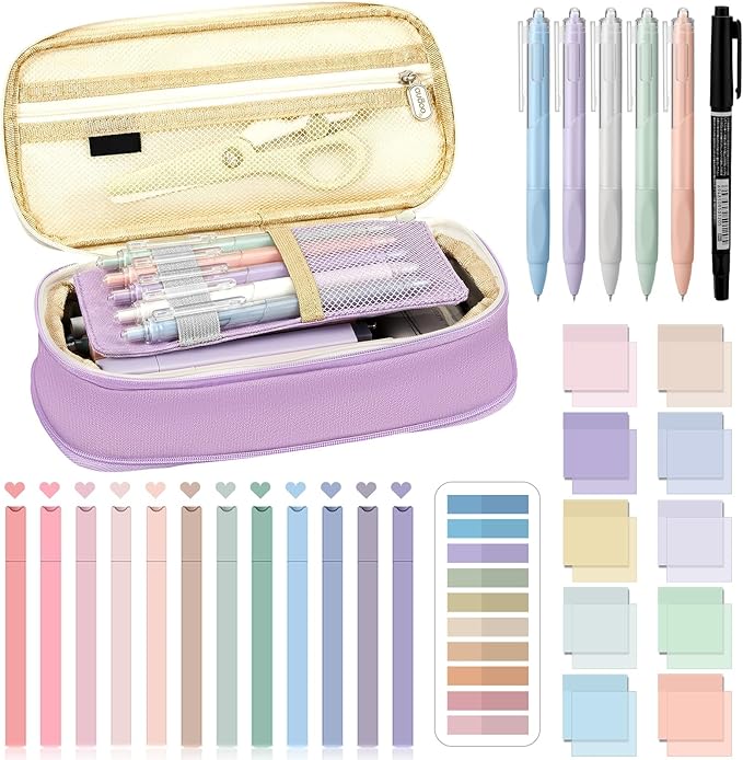Jutom 39 Pcs Aesthetic Book Annotation Kit Highlighter with Pencil Case Bag Gel Pen Transparent Sticky Note Taking Bible Study College School Supplies(Purple,Cute Style)
