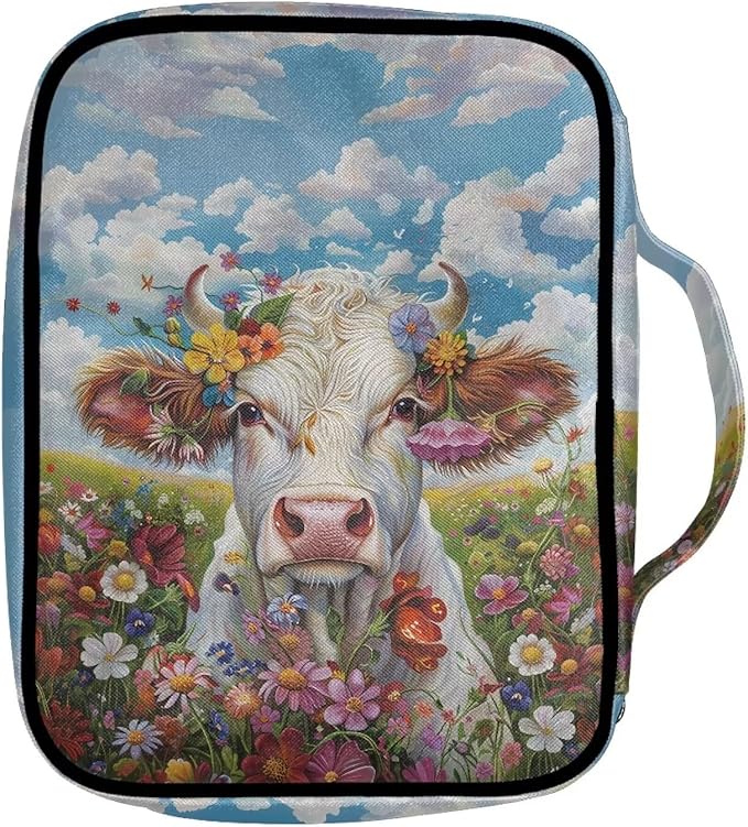Suobstales Cow Daisy Flower Print Bible Covers for Women Men,Carrying Book Bible Case Church Bag Lightweight Bible Bag Bible Protective with Handle and Zippered Pocket
