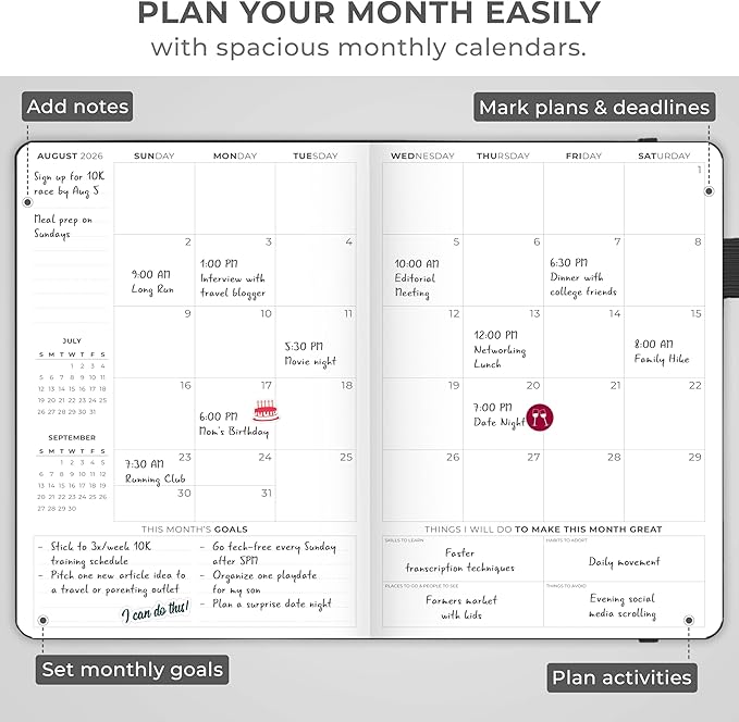 Clever Fox Dated Hourly Weekly Planner 2026 – Daily, Monthly & Yearly Agenda Organizer with Time Slots – Hardcover Journal, A5 Size (Black)