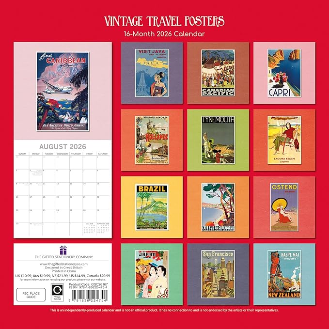 Gifted Stationery Co, Vintage Travel Posters 2026 Wall Calendar, 12'' X 12'', 16-Month Calendar with Stapled Binding