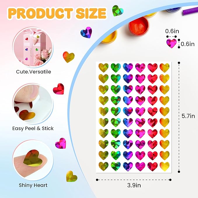 1800Pcs Holographic Heart Stickers, 0.6in Rainbow Tiny Stickers for Kids Rewards, Teachers, Classroom, Reward Charts, Behavior Tracking, Holiday Decor, Planner, Scrapbooking, DIY Crafts