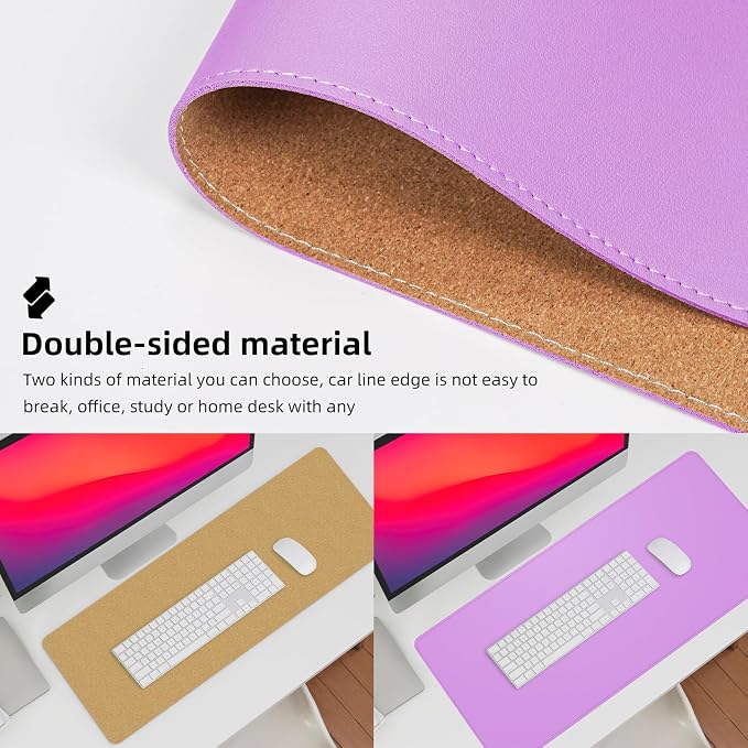 AFIING Leather Desk Pad Protector, Large Desk Mat with Natural Cork & PU Leather, Mouse Pad, Non-Slip, Waterproof Desk Writing Pad for Office and Home, Purple