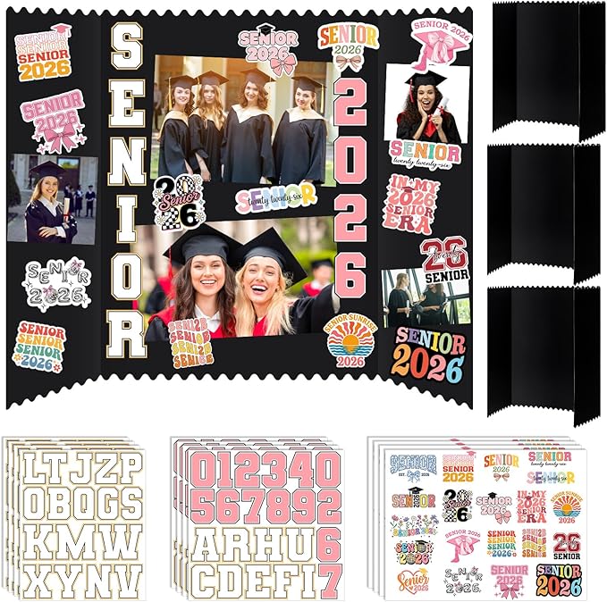 Tinlade 3 Set Senior 2026 Graduation Photo Display Board 24" x 16" Trifold Poster Board with Senior 2026 Themed Stickers for Graduation Picture Frame Table Decor