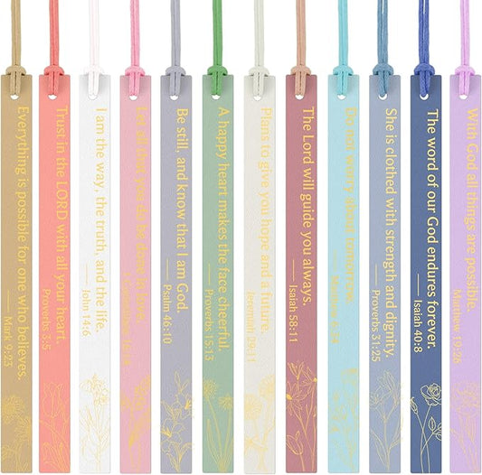 12Pcs Bible Bookmark, Christian Bookmarks for Women Leather Bookmark Gifts for Women Mom Kids Book Lovers Readers Students (Pastel)