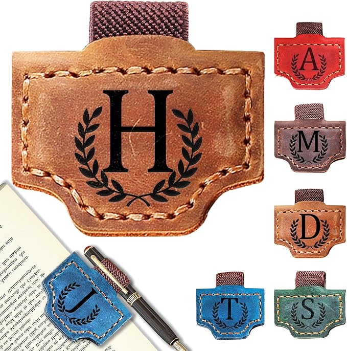 Personalized Leather Magnetic Bookmark with Pen Holder, Bookmark 26 Letters Name Initial Bookmarks for Readers, Book Lover Gifts for Women Men Notebook Accessories (Brown, H)